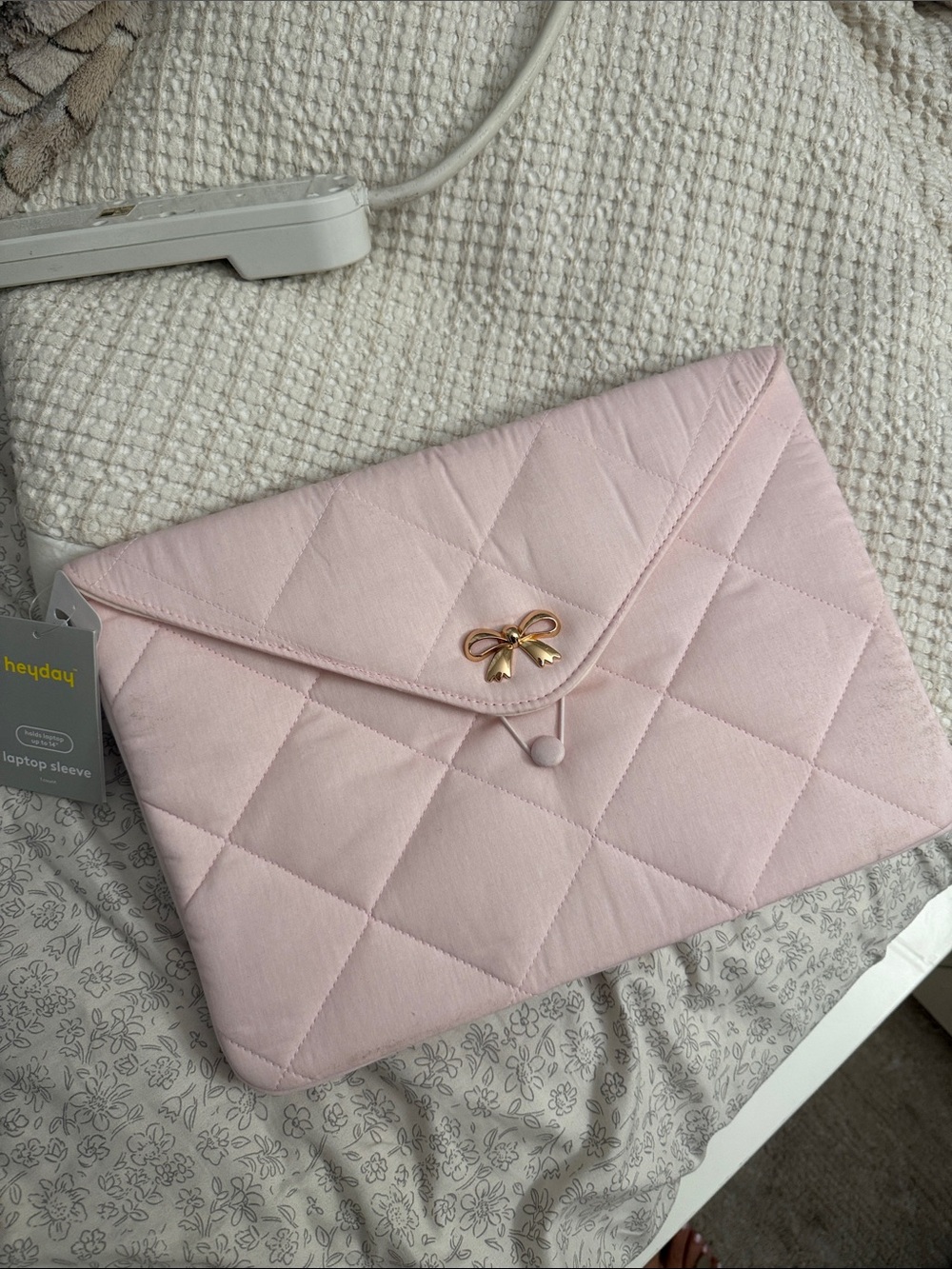 heyday Quilted Light Pink Laptop Sleeve with Gold Bow